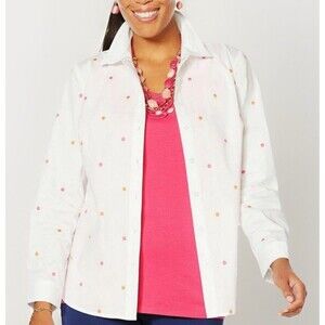 New LEMON WAY Lg Summer Poplin Stretch Embroidered Button-Down Shirt White Dot